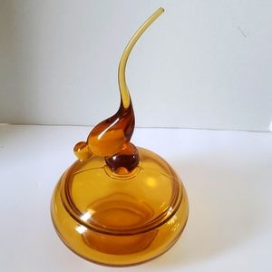Vintage Amber Viking Glass Mid-Century Candy Dish with long tailed Bird Lid